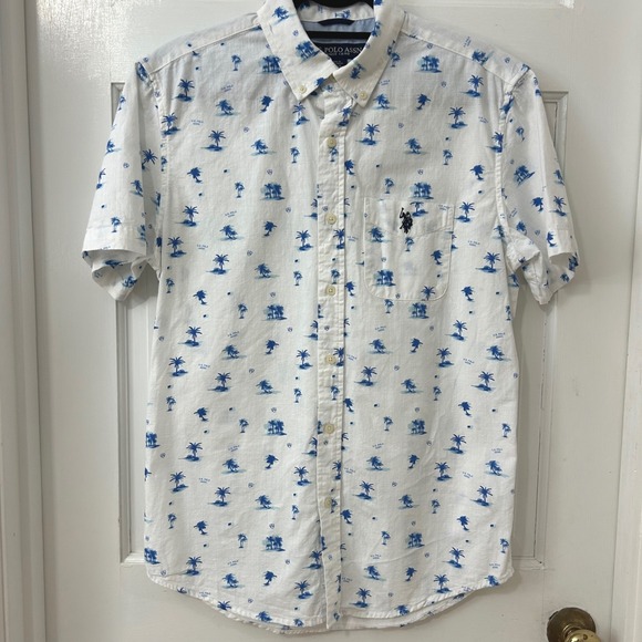 U.S. Polo Assn. Tops - U.S. Polo Assn Button Down Pony Shirt Mens S White Blue Palm Tree Resort Beach